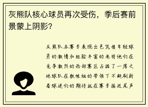 灰熊队核心球员再次受伤，季后赛前景蒙上阴影？