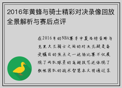 2016年黄蜂与骑士精彩对决录像回放全景解析与赛后点评